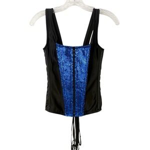 Top Drawer Daisy Corset Small Black Blue Sequin Zip Bustier Glam Showgirl Vamp